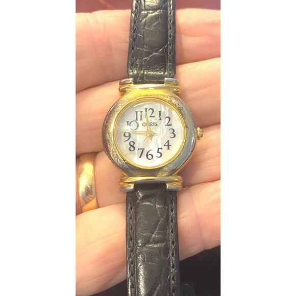 VTG women\'s 27mm Gold Tone Guess Watch,, MOP Face, Black Leather Band